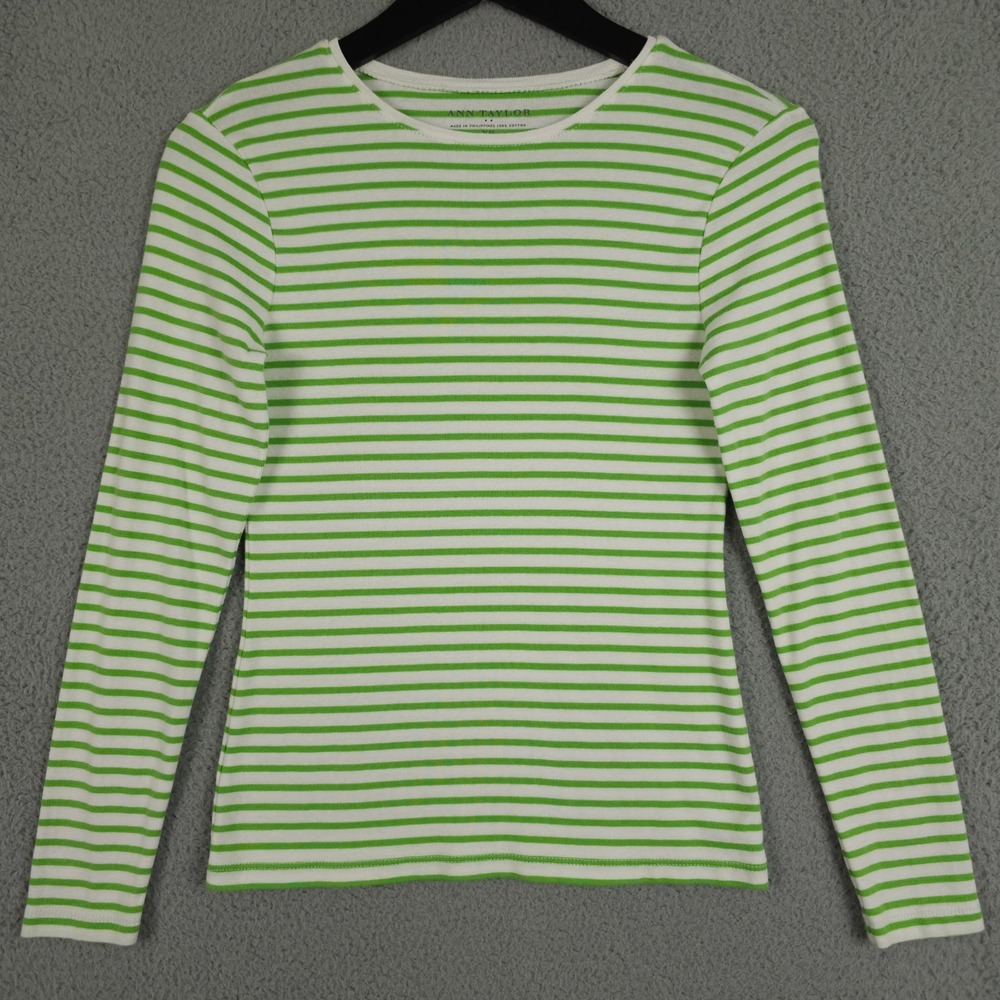 Ann Taylor Shirt Womens XS Green White Striped Long Sleeve‎ Crew Neck Tee Preppy